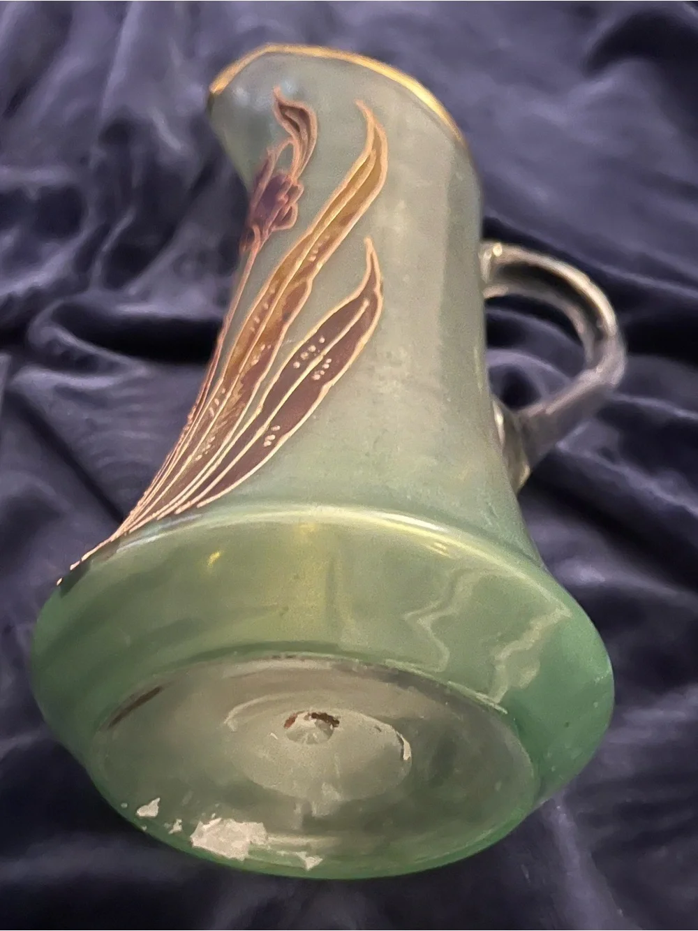 Art Nouveau vase by François-Théodore Legras w/purple irises and gold leaves.